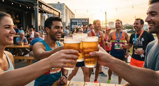 Runners cheering with beer glasses at sunset
